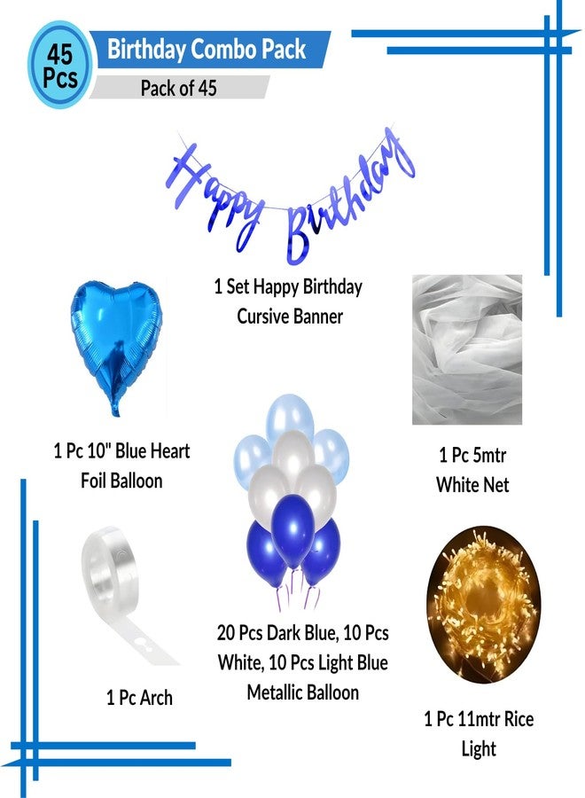 1iAM Happy Birthday Decoration Item for Boys, Girls | Pack of 45 - 1pc Banner, Net, Light, Arch & 41pcs Balloons | Romantic Blue White Cabana Birthday Decoration Kit for Husband | Party Supplies - Image 2
